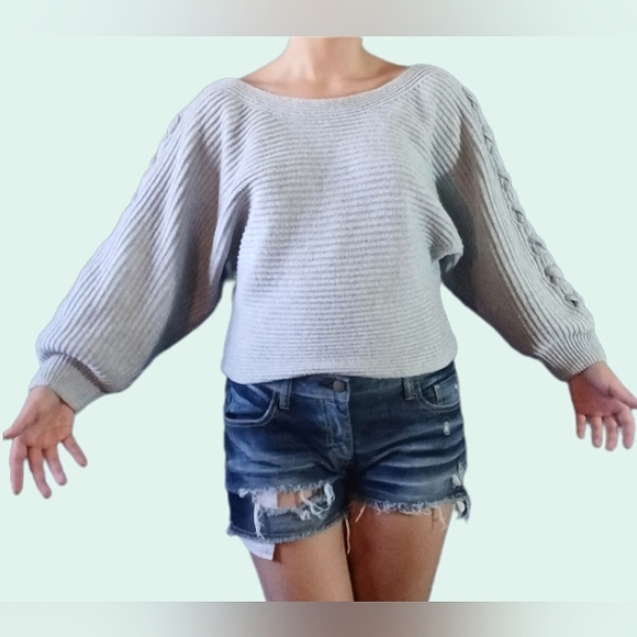 Grey Knit Off the Shoulder Sweater - Picture 1 of 3